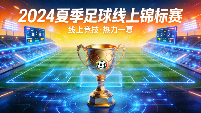 2024夏季足球线上锦标赛宣传图 - 虚拟足球场与奖杯