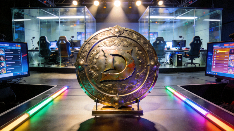 DOTA2国际邀请赛舞台中央的冠军盾与对战房