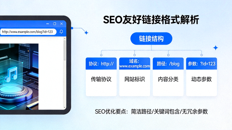 SEO友好链接格式生成示意 - 浏览器地址栏与链接结构解析图