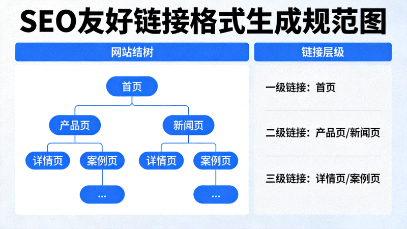 SEO友好链接格式生成规范图 - 网站结构树与链接层级示意